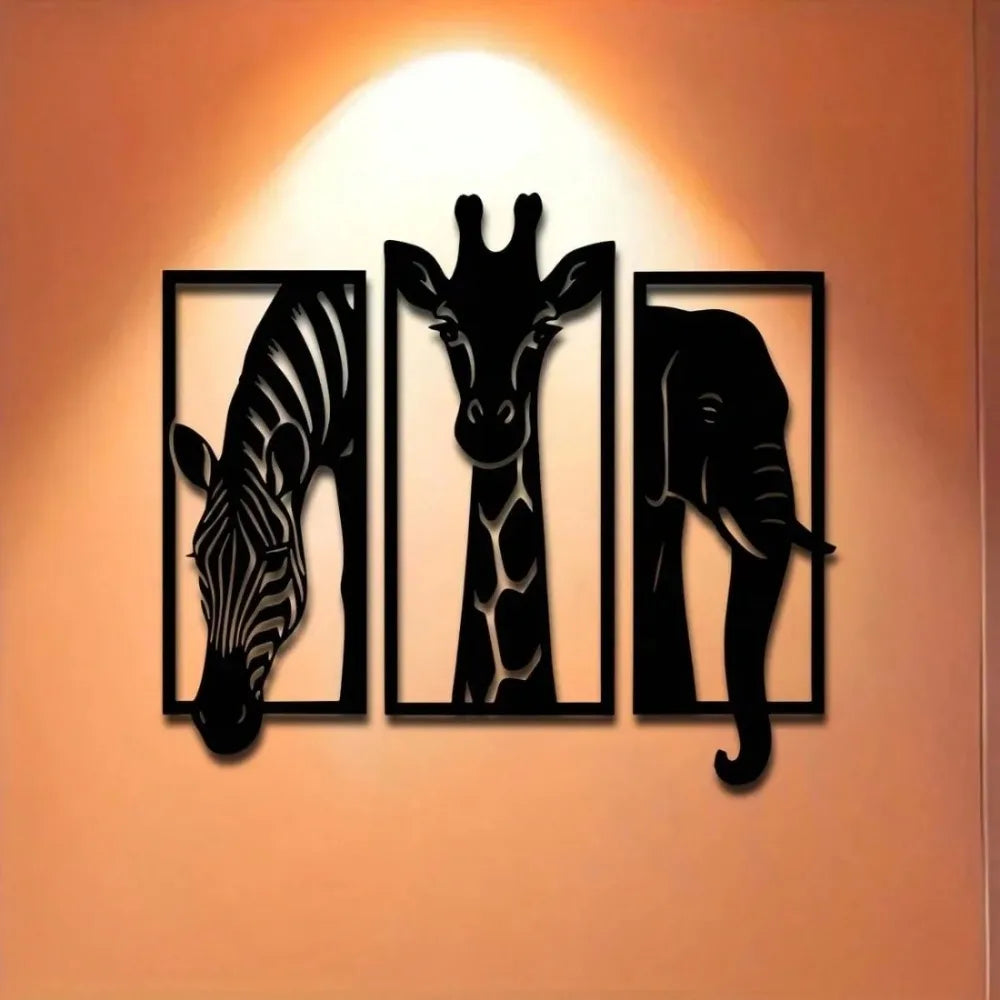 Wall Art Metal Decor 3-Piece Set, Modern Elephant Giraffe Zebra for Indoor Outdoor Home