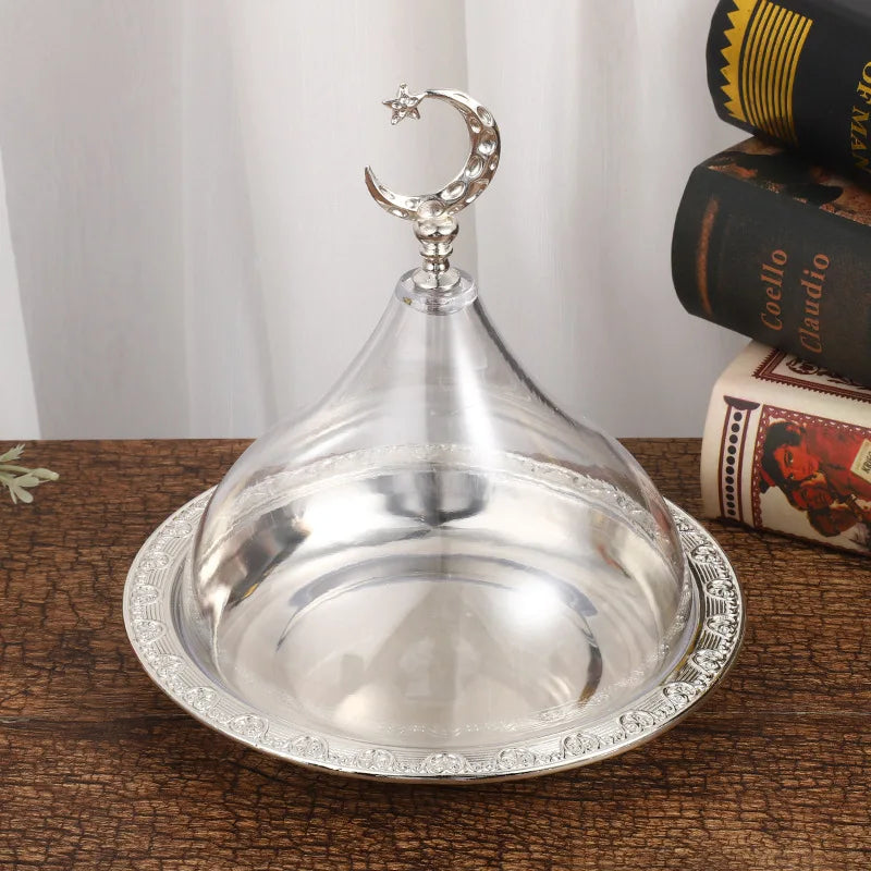 Metal Ramadan Tray with Clear Dome Lid – Elegant Dessert & Snack Organizer