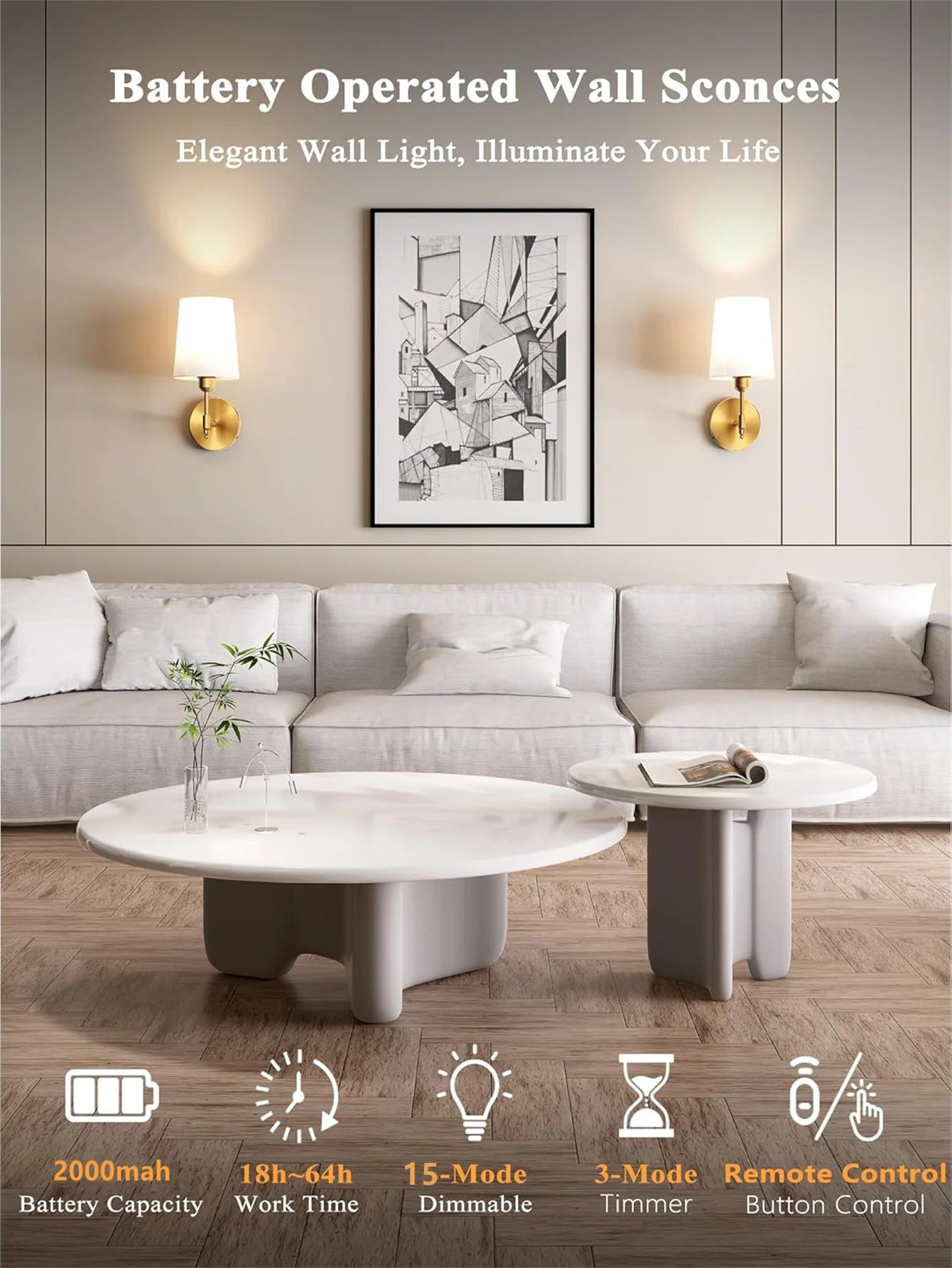 3 Color Temperature Wireless Wall Light for Living Room Bedroom Hallway(2 Pack)