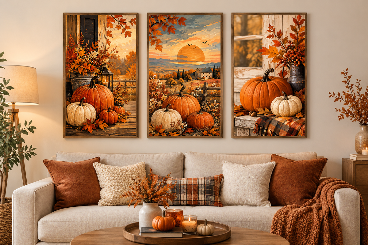 Vintage Autumn Pumpkin Wall Art Set of 3
