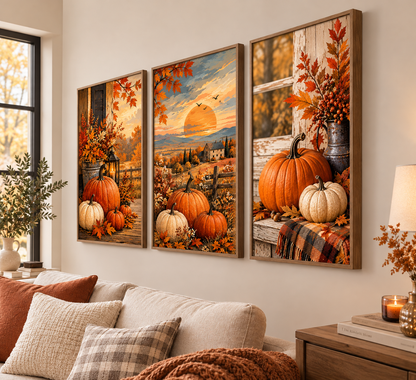 Vintage Autumn Pumpkin Wall Art Set of 3