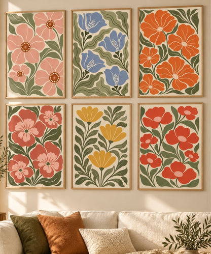 Retro Botanical Wall Art Set of 6 | Printable Floral Prints