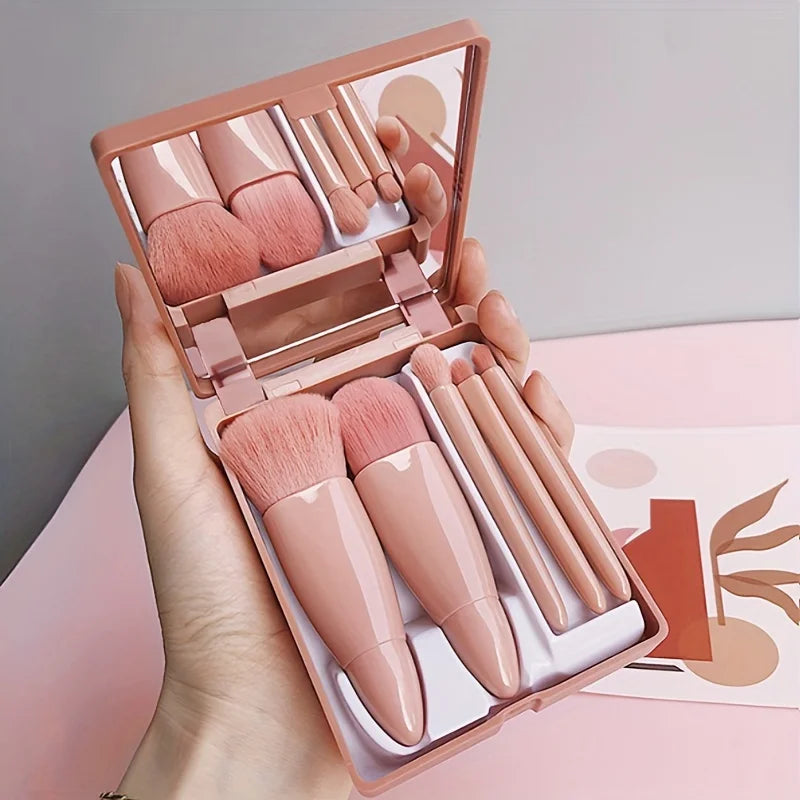 5Pcs Portable Mini Makeup Brush Set With Mirror Foldable