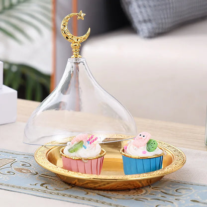 Metal Ramadan Tray with Clear Dome Lid – Elegant Dessert & Snack Organizer