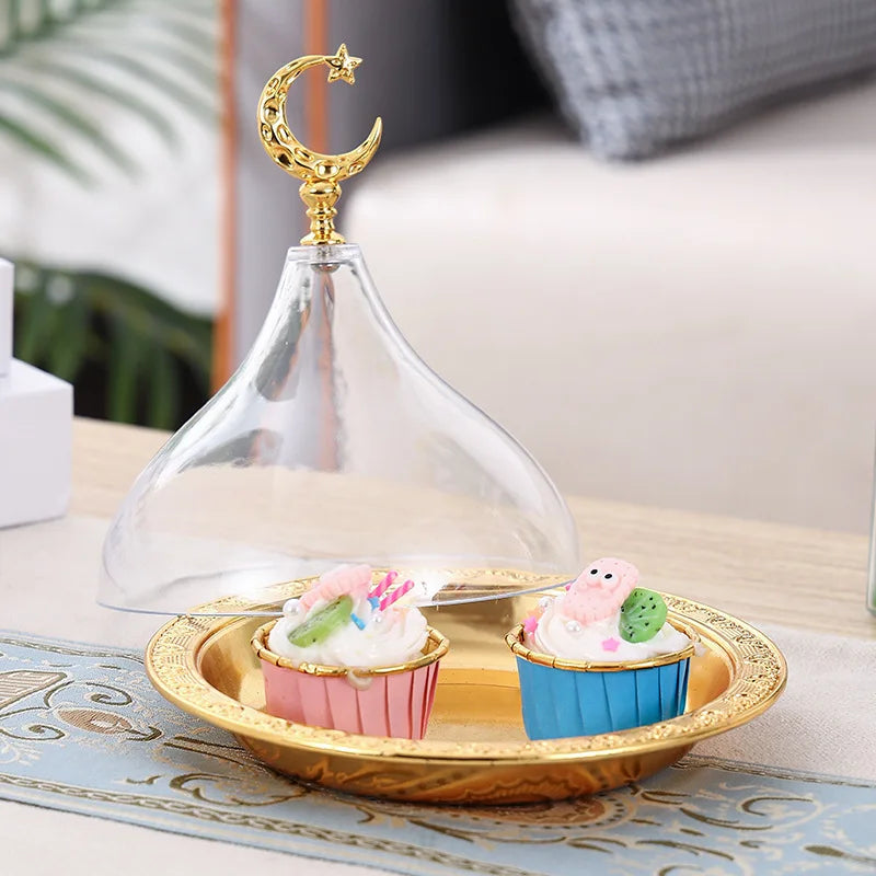 Metal Ramadan Tray with Clear Dome Lid – Elegant Dessert & Snack Organizer