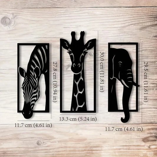 Wall Art Metal Decor 3-Piece Set, Modern Elephant Giraffe Zebra for Indoor Outdoor Home