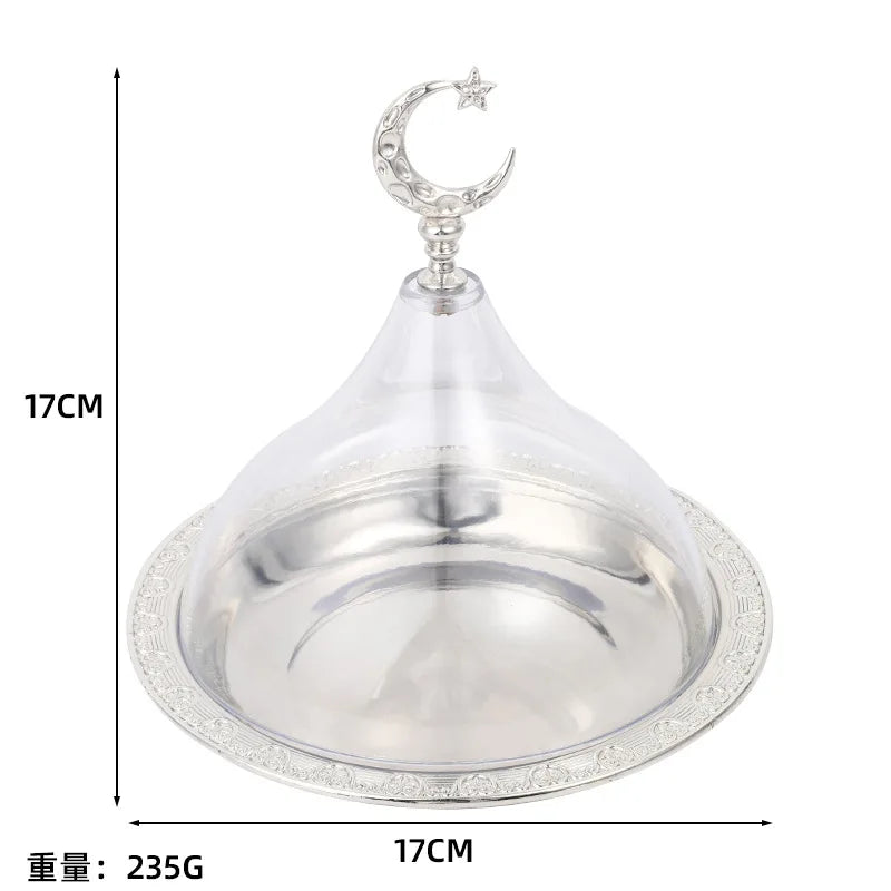 Metal Ramadan Tray with Clear Dome Lid – Elegant Dessert & Snack Organizer