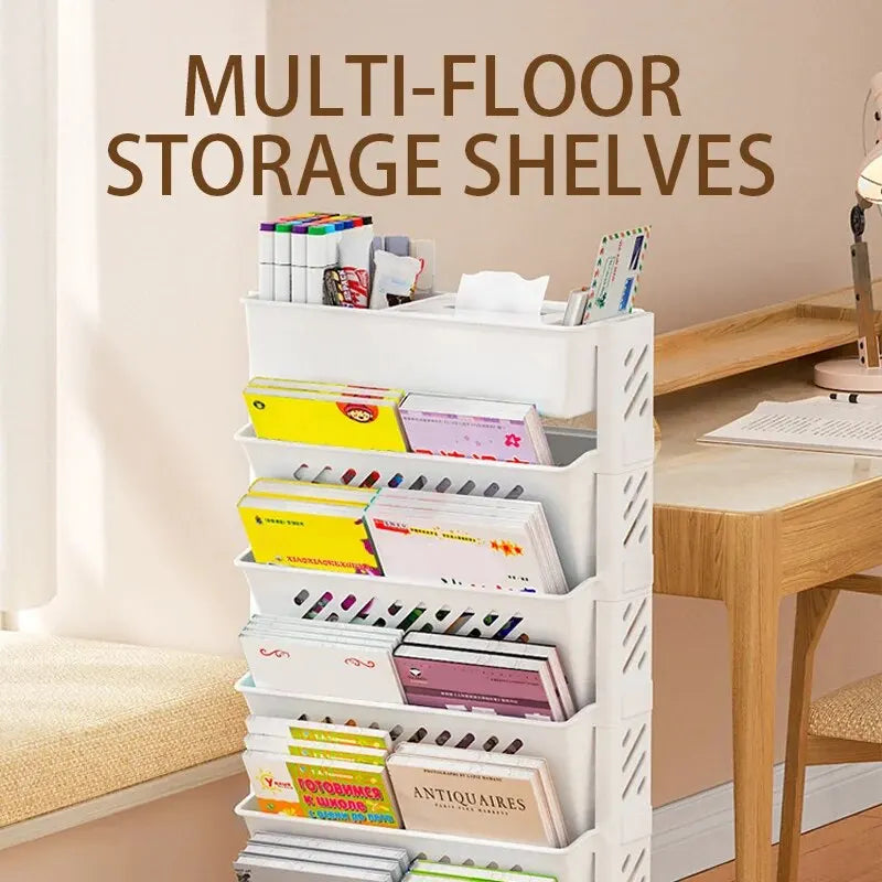 Floor Mounted Movable Bookshelf with Wheels Storage Rack