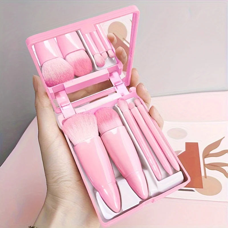 5Pcs Portable Mini Makeup Brush Set With Mirror Foldable