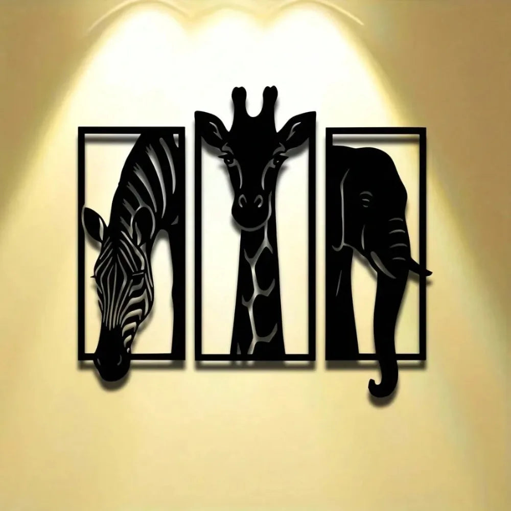 Wall Art Metal Decor 3-Piece Set, Modern Elephant Giraffe Zebra for Indoor Outdoor Home