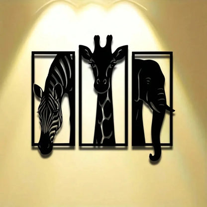 Wall Art Metal Decor 3-Piece Set, Modern Elephant Giraffe Zebra for Indoor Outdoor Home