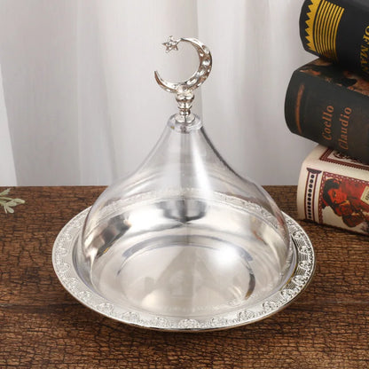 Metal Ramadan Tray with Clear Dome Lid – Elegant Dessert & Snack Organizer
