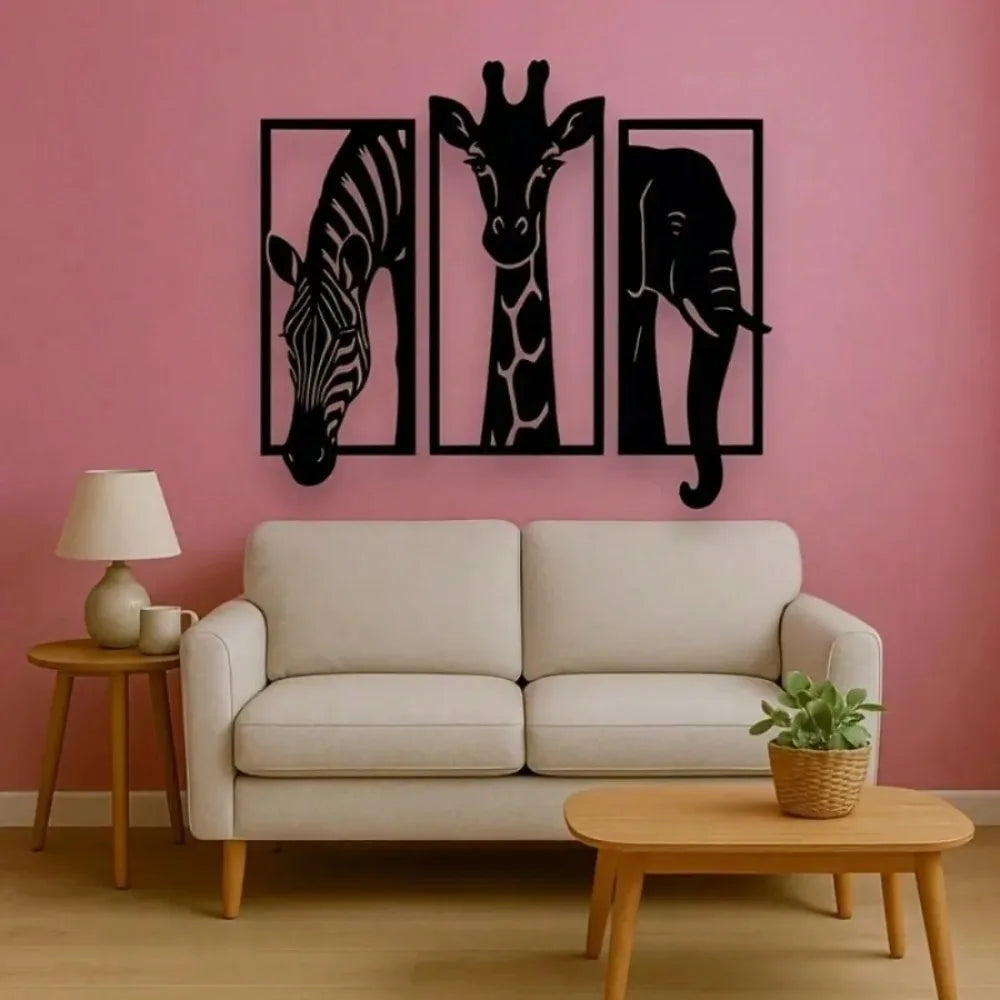 Wall Art Metal Decor 3-Piece Set, Modern Elephant Giraffe Zebra for Indoor Outdoor Home