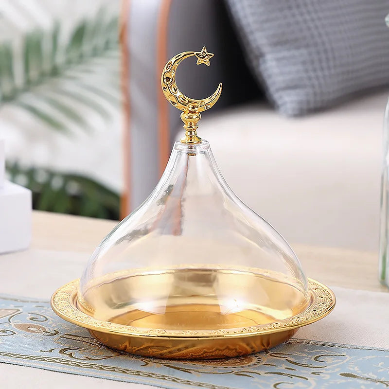 Metal Ramadan Tray with Clear Dome Lid – Elegant Dessert & Snack Organizer