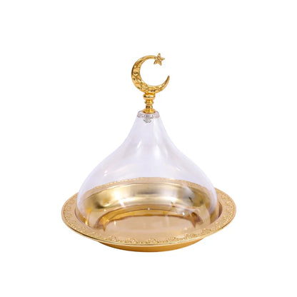 Metal Ramadan Tray with Clear Dome Lid – Elegant Dessert & Snack Organizer