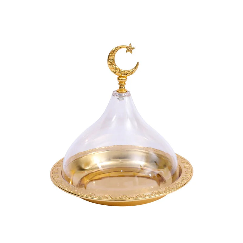 Metal Ramadan Tray with Clear Dome Lid – Elegant Dessert & Snack Organizer