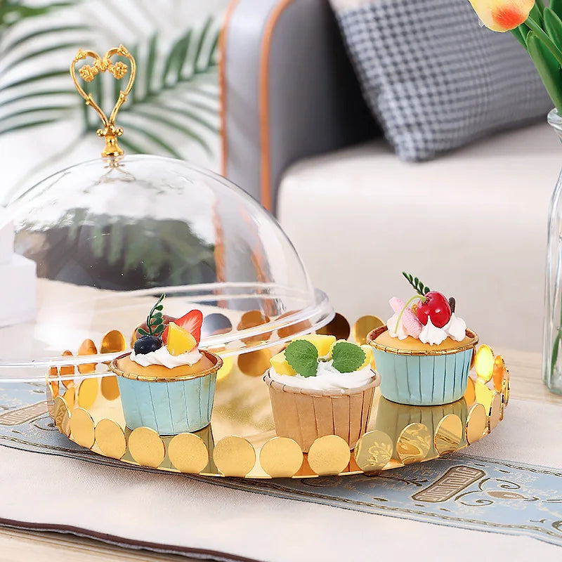 Metal Ramadan Tray with Clear Dome Lid – Elegant Dessert & Snack Organizer