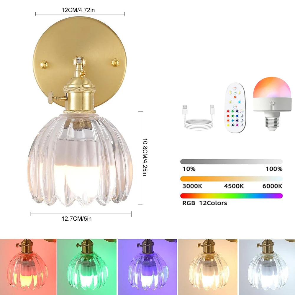 Vintage Glass Wall Sconce Rechargeable Wiring Free Deco Light
