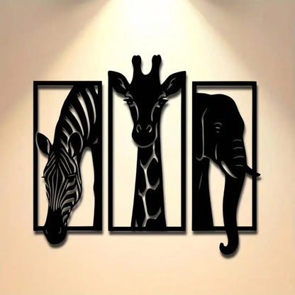 Wall Art Metal Decor 3-Piece Set, Modern Elephant Giraffe Zebra for Indoor Outdoor Home