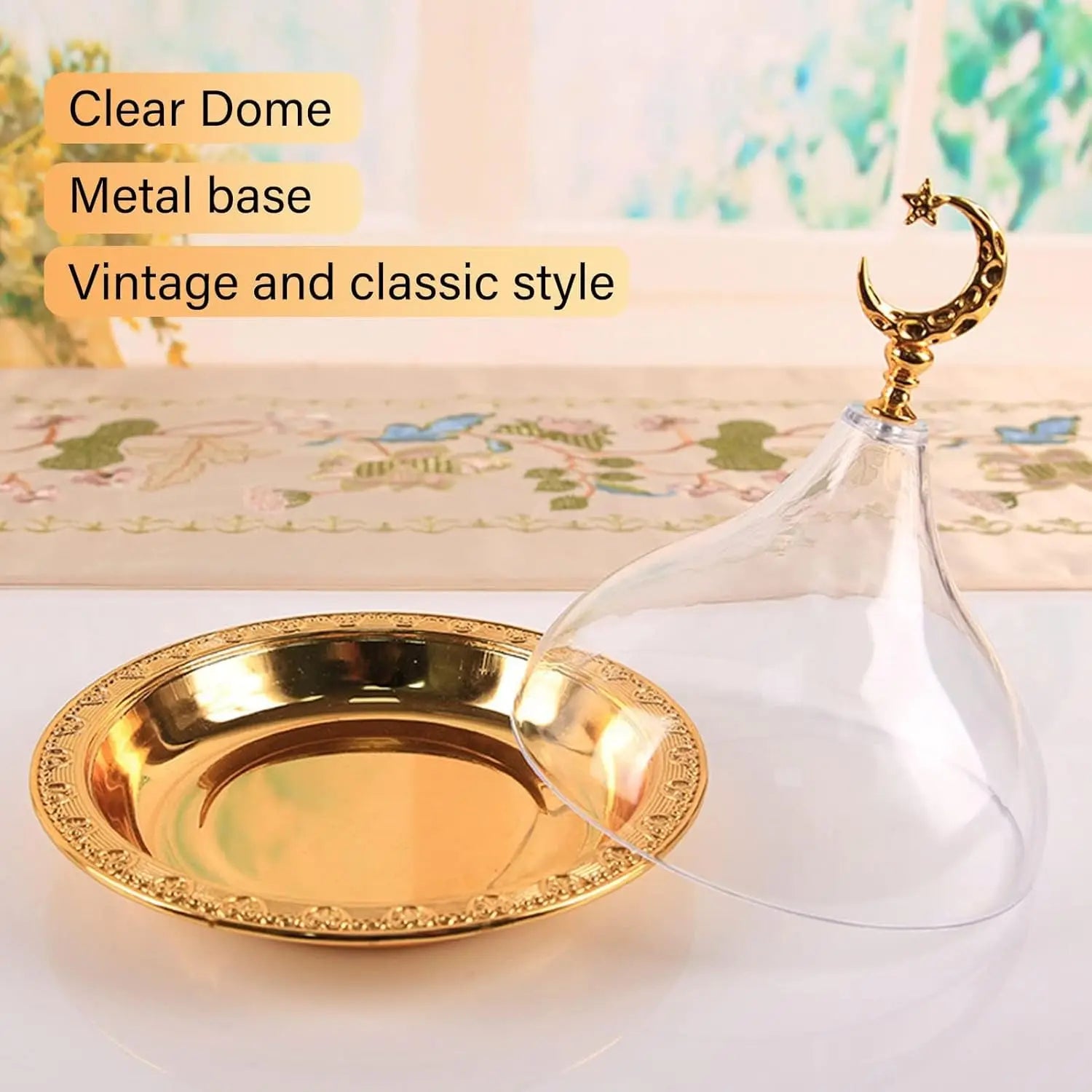 Metal Ramadan Tray with Clear Dome Lid – Elegant Dessert & Snack Organizer