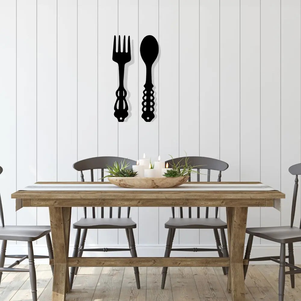 Set of 2 Black Fork and Spoon Metal Signs | Rustic Kitchen Wall Art Decor Luxe Stella