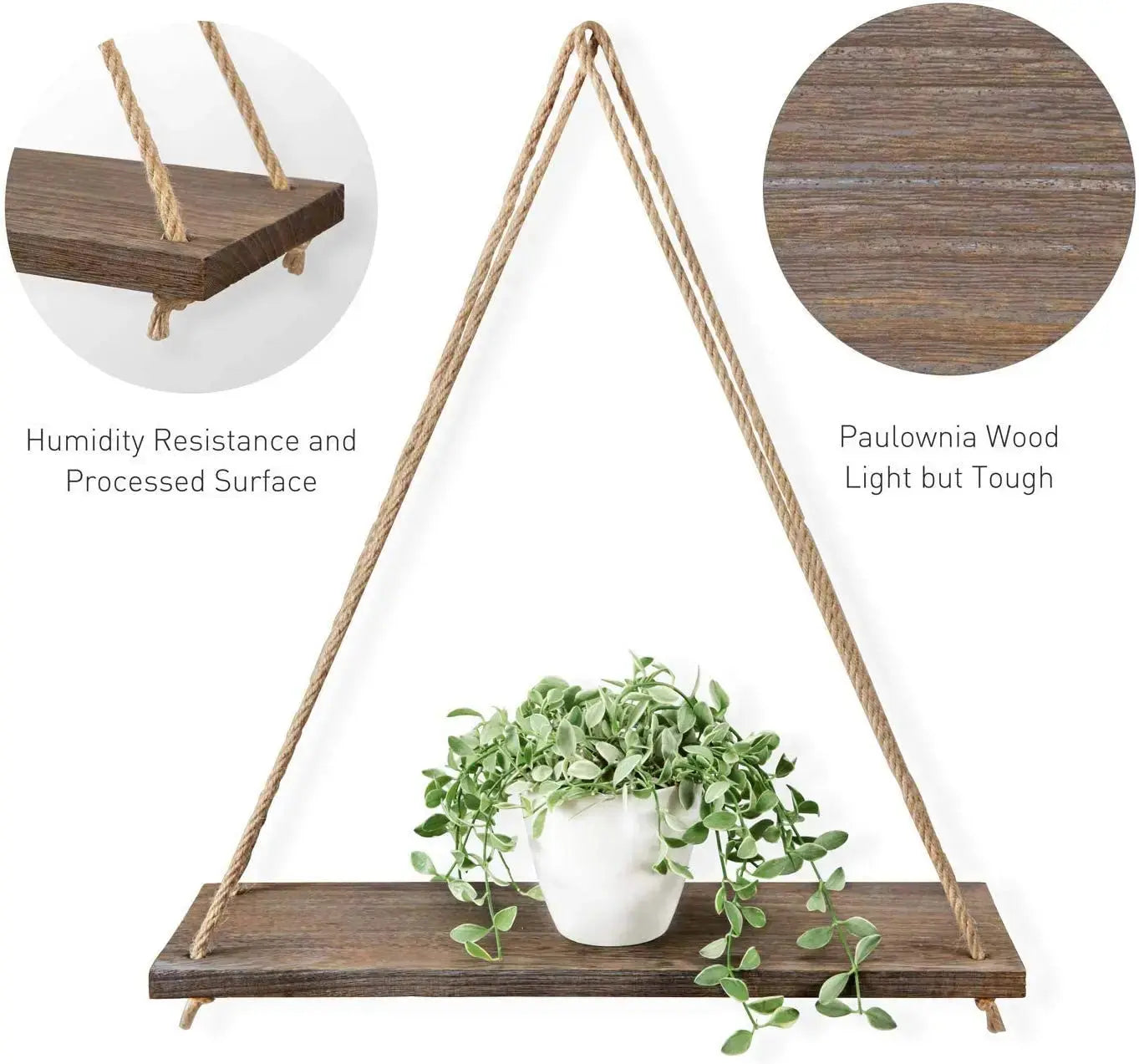 Wooden Rope Swing Wall Hanging Plant Flower Pot Tray Luxe Stella