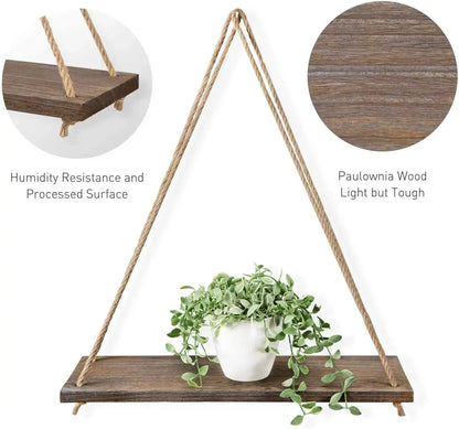 Wooden Rope Swing Wall Hanging Plant Flower Pot Tray Luxe Stella