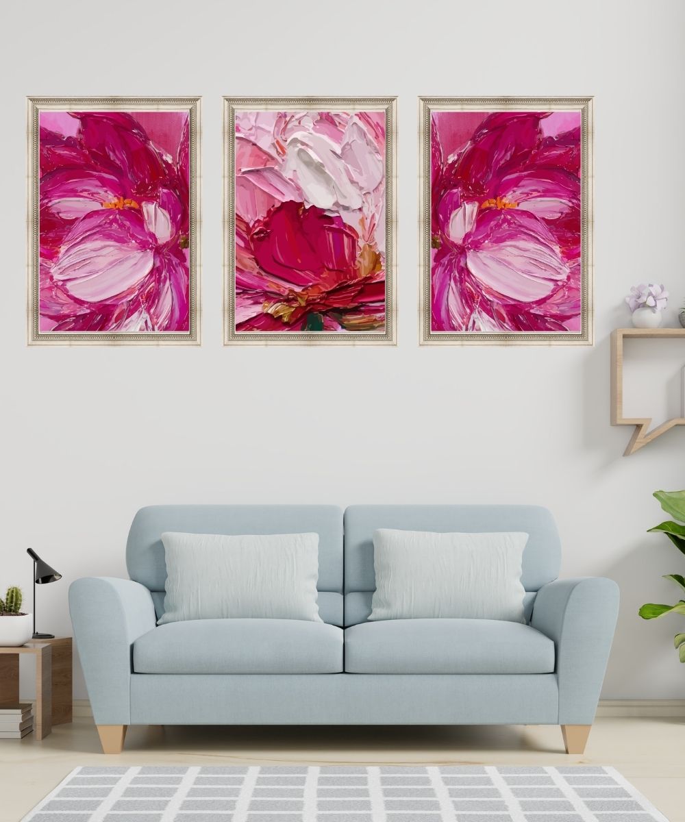 set of 3 Abstract pink flowers painting, blush pastel pink floral prints