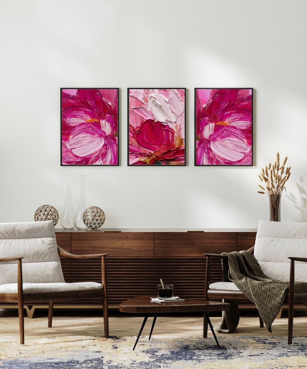 set of 3 Abstract pink flowers painting, blush pastel pink floral prints
