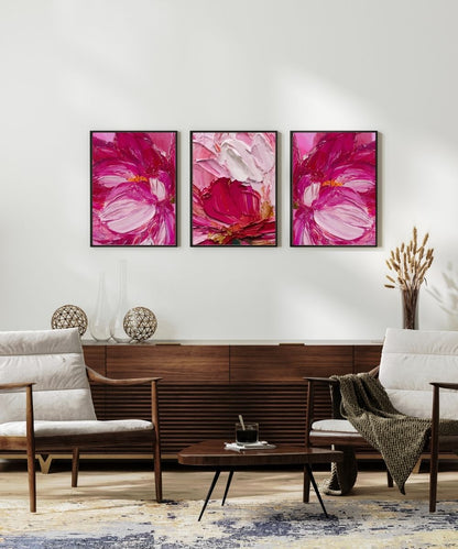 set of 3 Abstract pink flowers painting, blush pastel pink floral prints