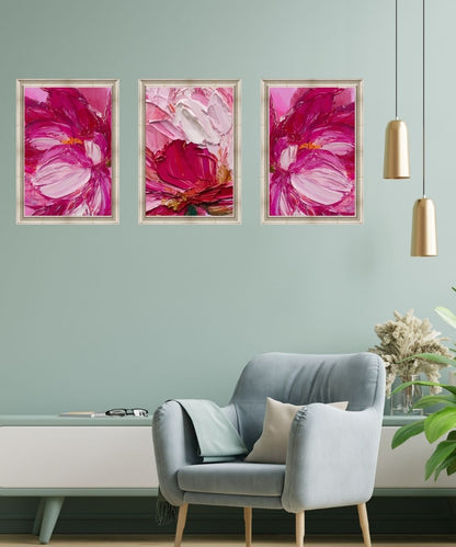 set of 3 Abstract pink flowers painting, blush pastel pink floral prints